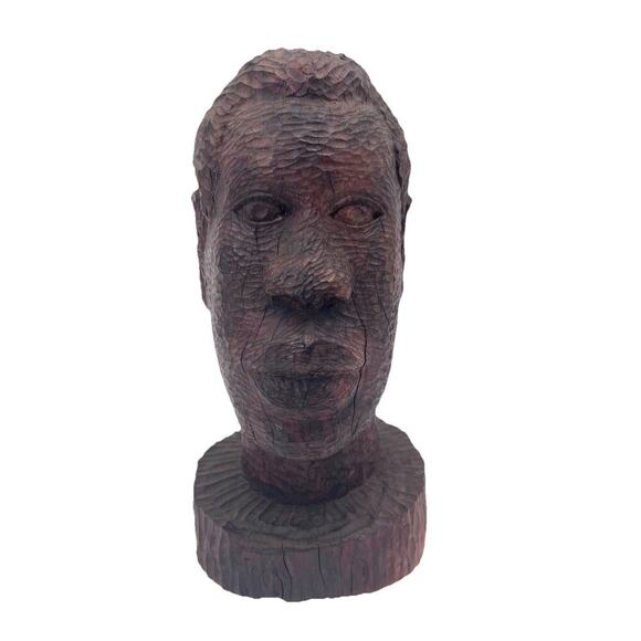 Antique Folk Art African American Man Solid Heavy Carved Wood Head Statue